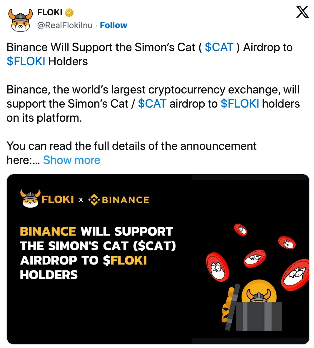 Airdrop Simon's Cat Dapat Dukungan dari Binance