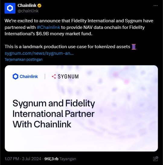 Chainlink, Fidelity, dan Sygnum Jalin Kolaborasi. (Sumber: Twitter Chainlink)