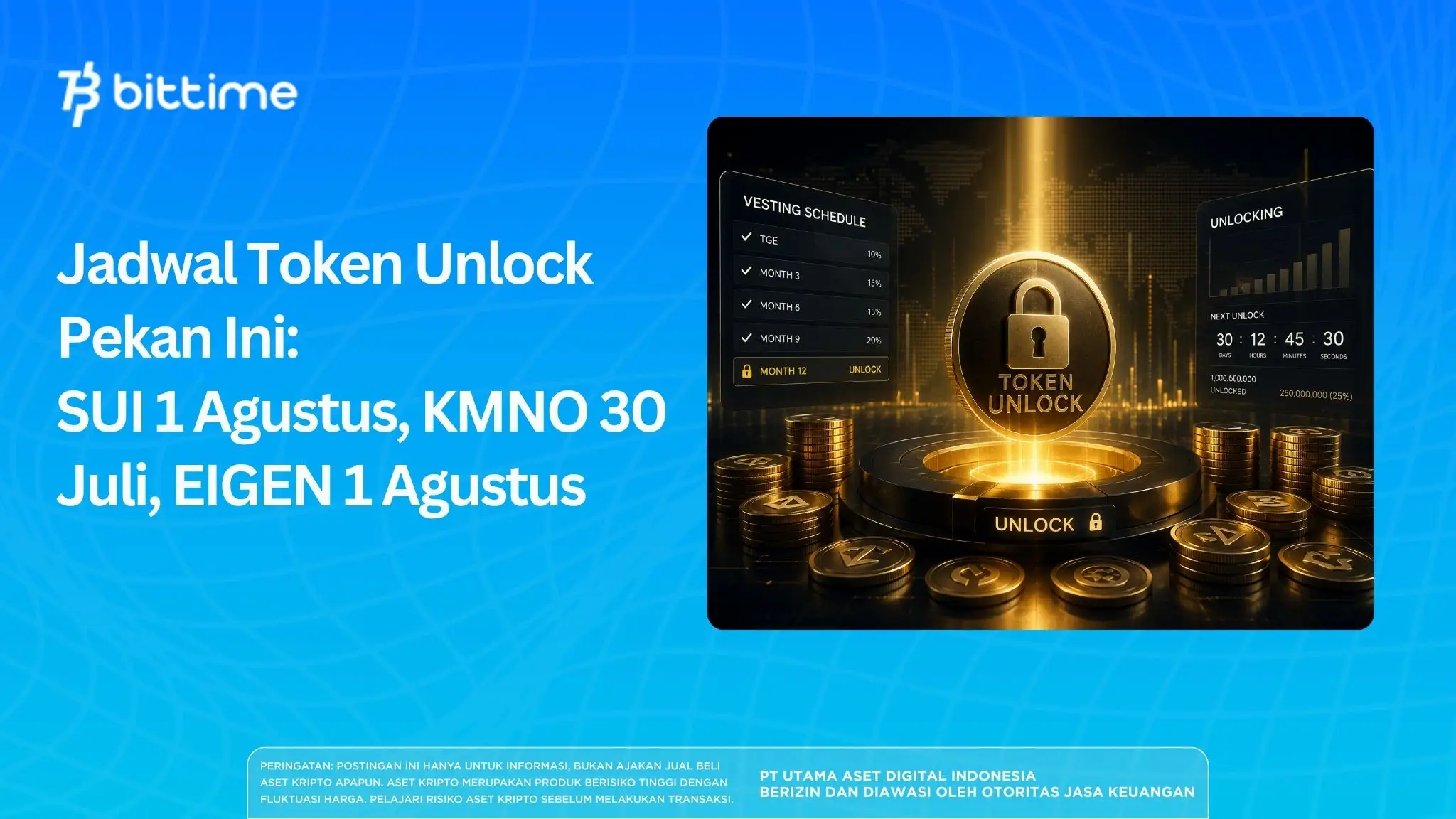Jadwal Token Unlock Pekan Ini: SUI 1 Agustus, KMNO 30 Juli, EIGEN 1 Agustus