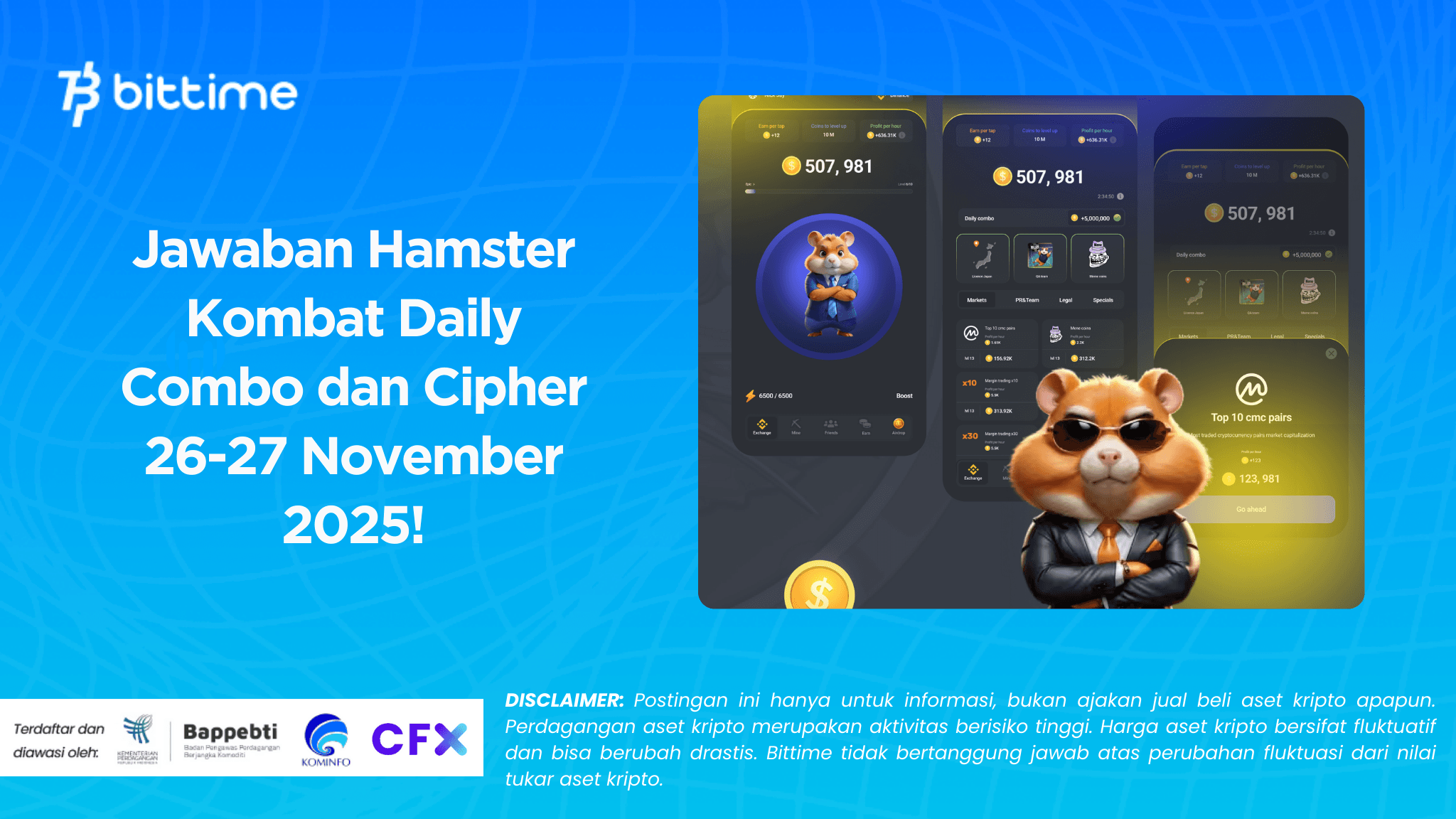 Jawaban Hamster Kombat Daily Combo dan Cipher 26-27 November 2025!