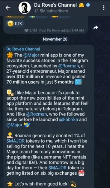 Major tuai pujian dari CEO Telegram, Pavel Durov.webp