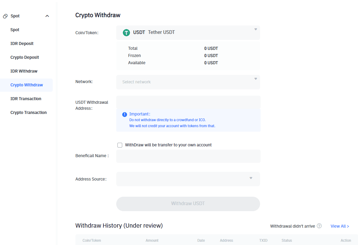Masukkan Alamat Wallet Tujuan dan Jumlah USDT