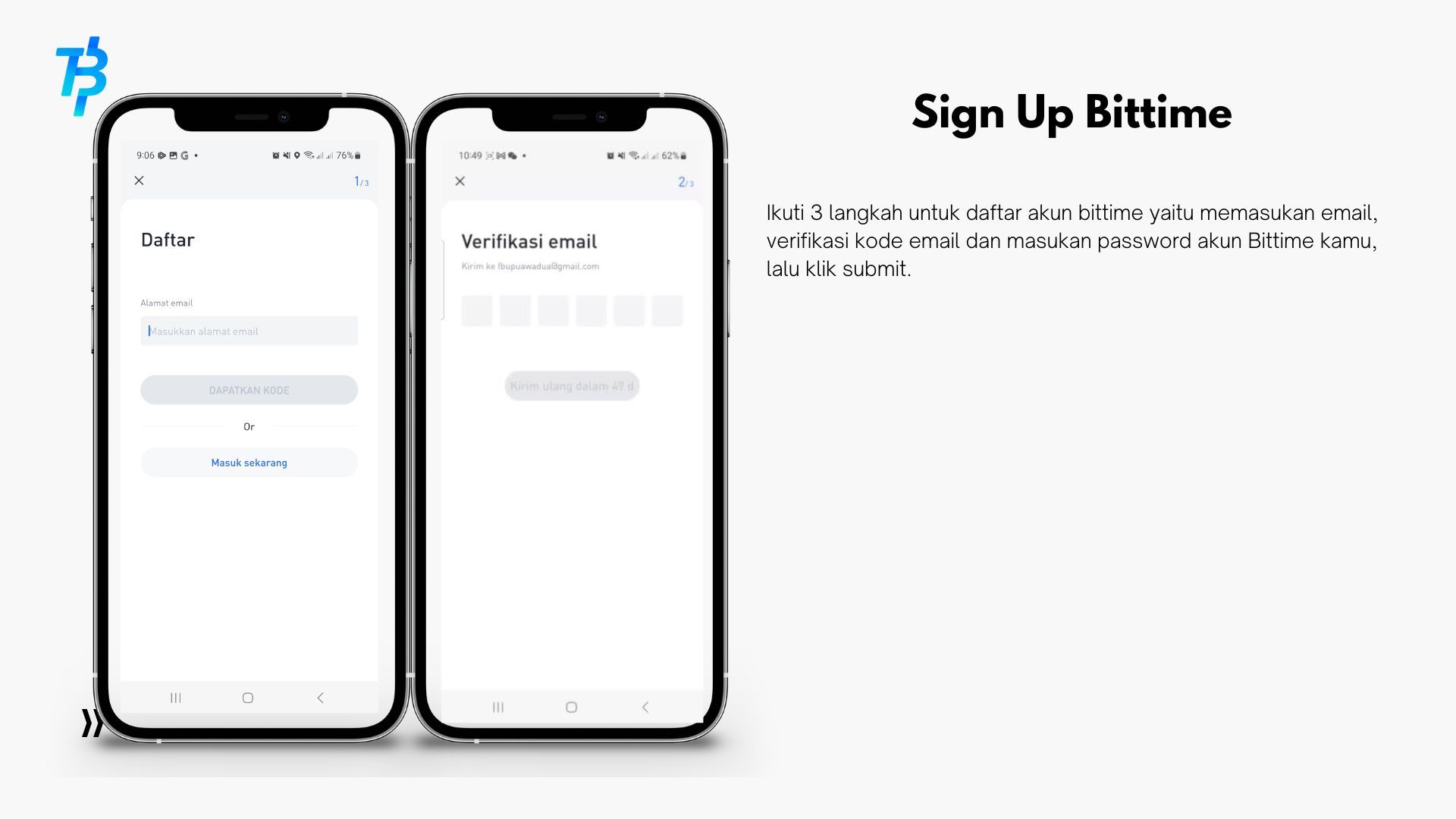 Masukkan Email dan Verifikasi di Aplikasi Bittime