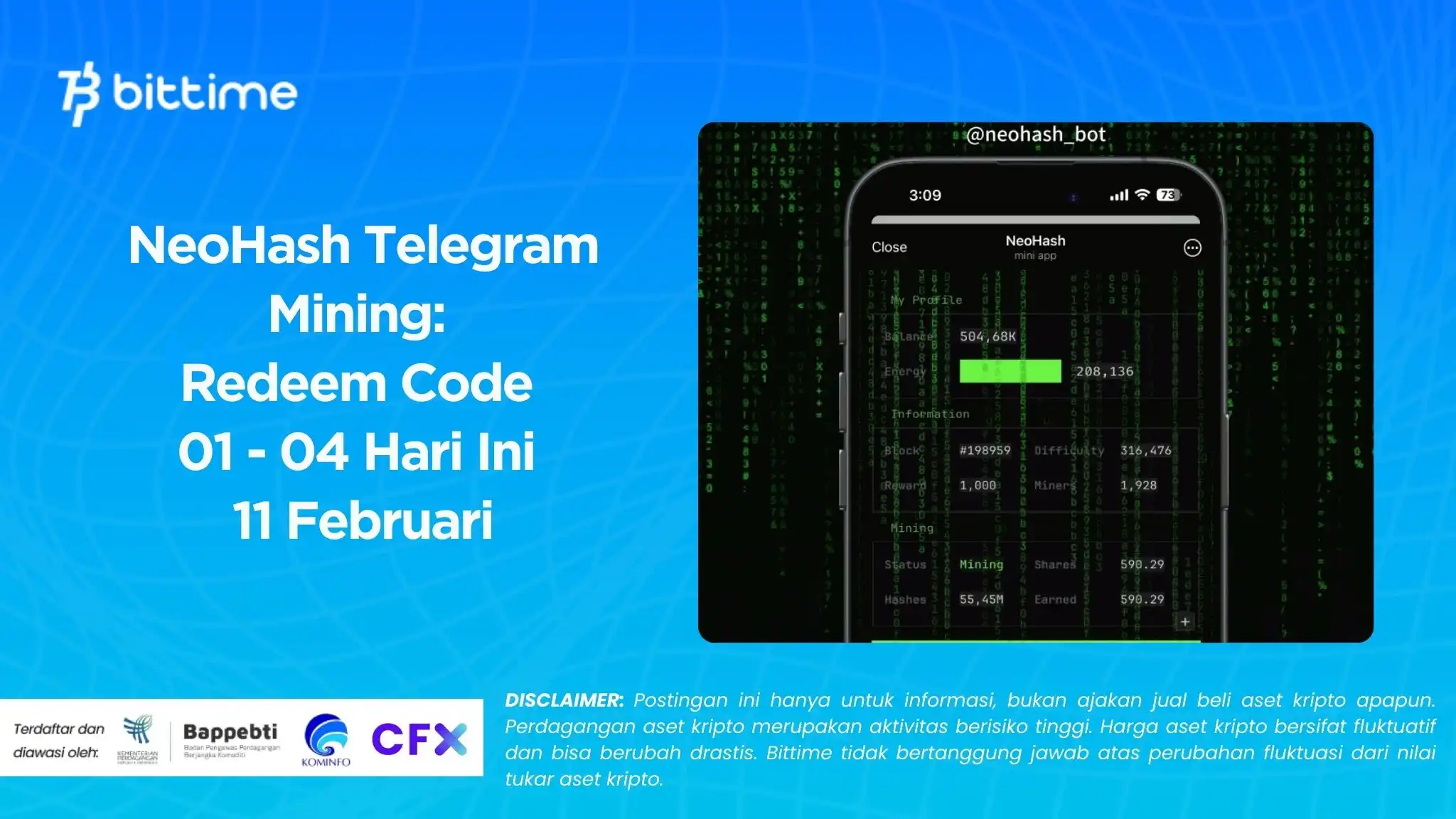 NeoHash Telegram Mining: Redeem Code 01 - 04 Hari Ini 11 Februari