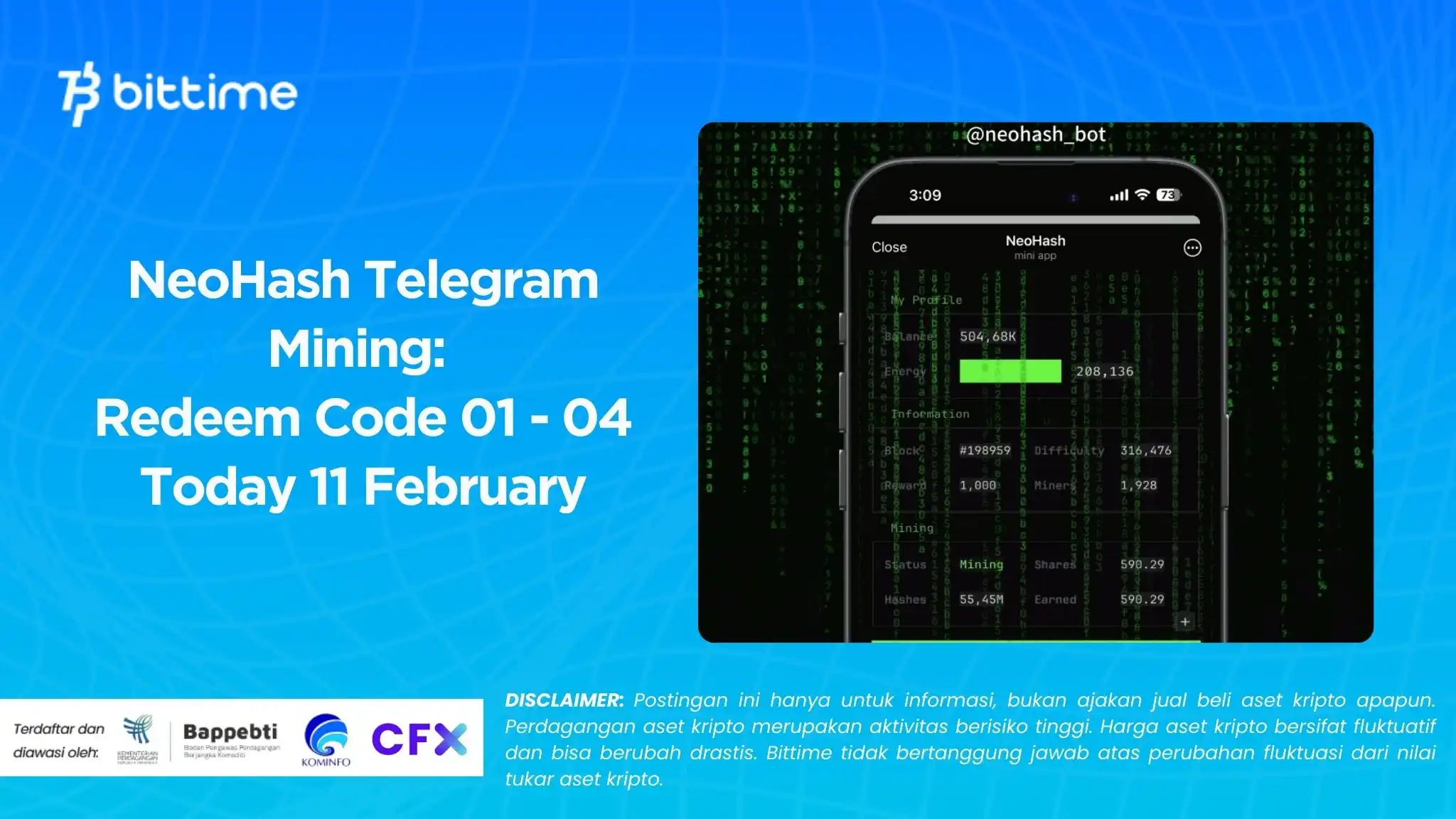 NeoHash Telegram Mining: Redeem Code 01 - 04 Today 11 February
