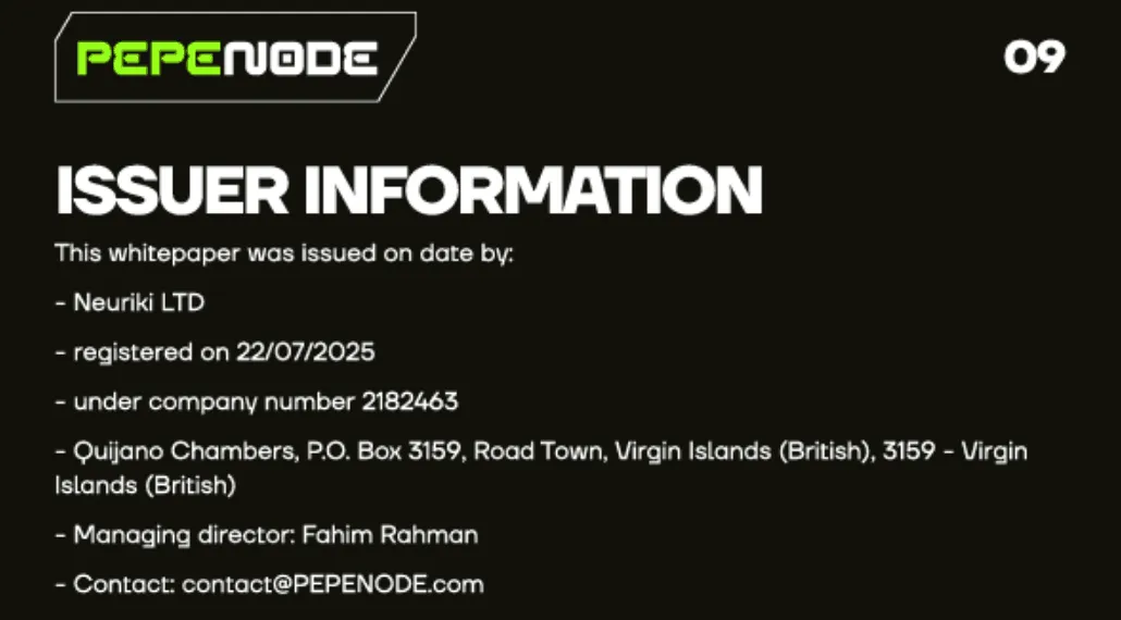 PEPENODE Issuer Information