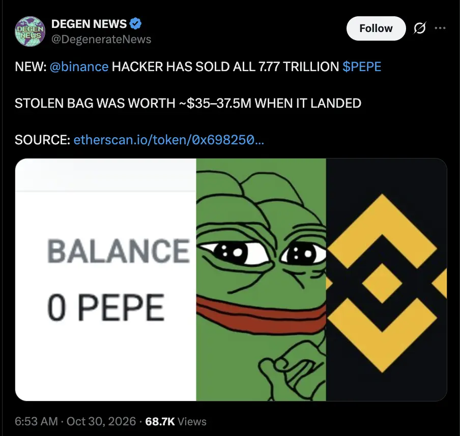 PEPE dan UNI Dibeli Wallet yang Diduga Terkait Peretasan Binance - x.webp