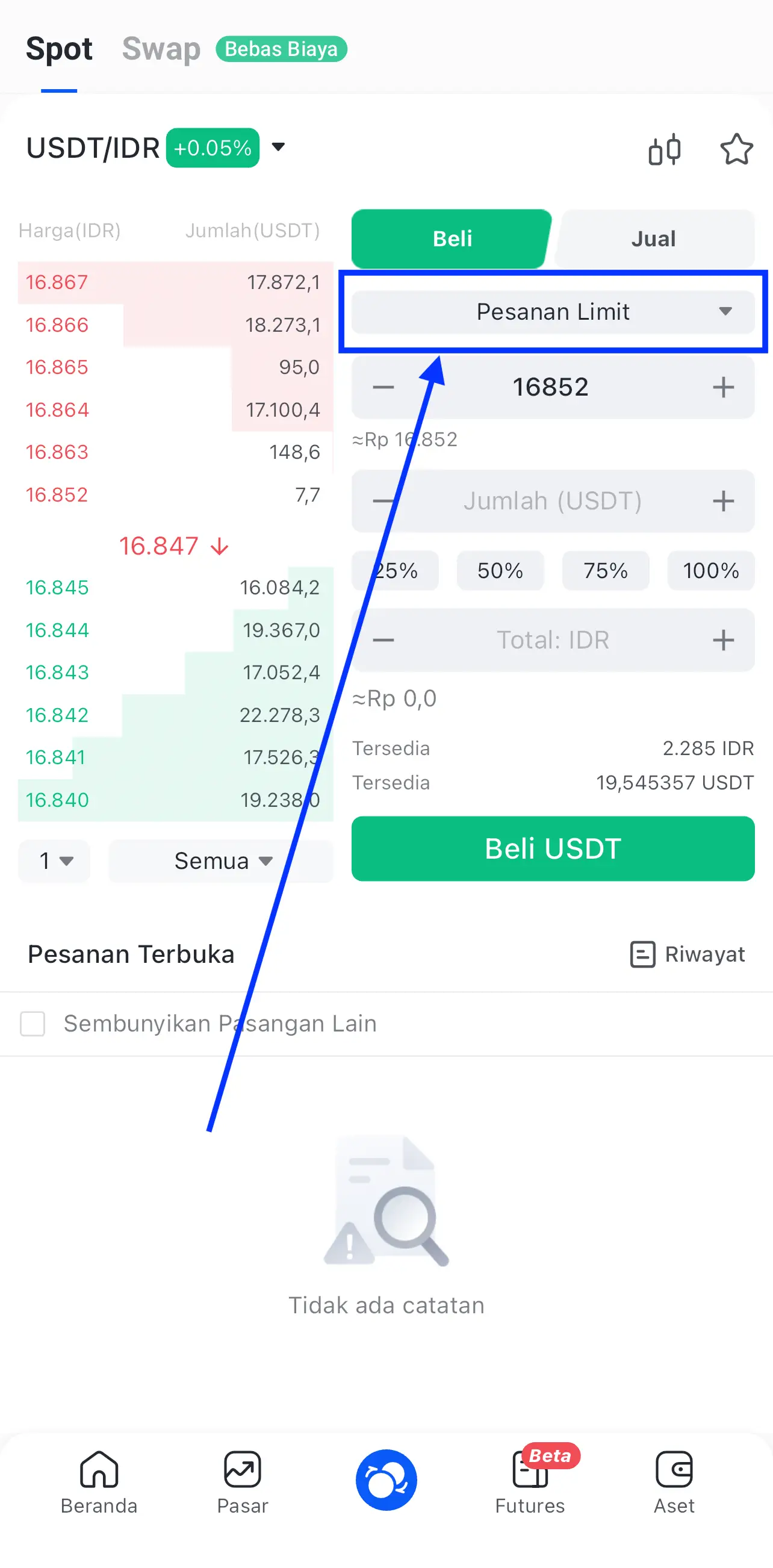 Panduan Cara Beli USDT dengan Saldo IDR di Aplikasi Bittime - market order.webp