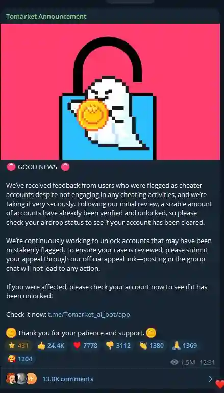 Tomarket Airdrop Developers Respond to User Feedback Flagged as Cheat Accounts - telegram.webp