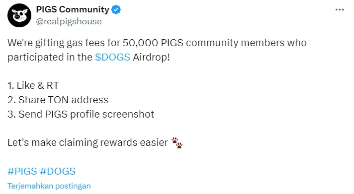 pigs bagikan airdrop sebanyak 50000 token - bittime