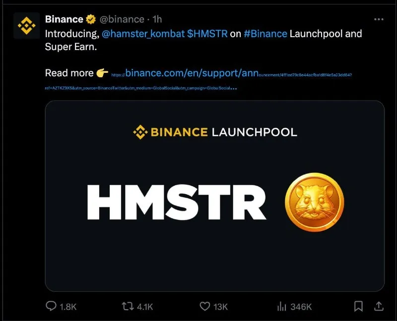 Hamster Kombat Umumkan Koin $HMSTR Sebanyak 100 Miliar