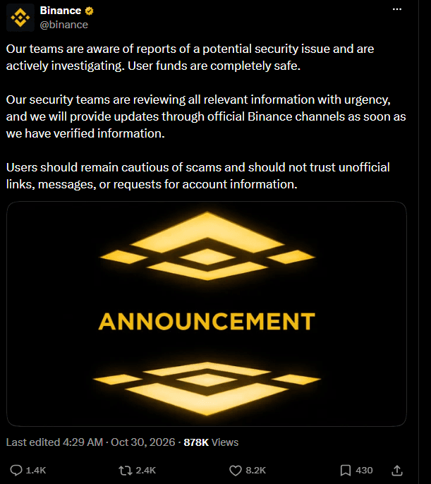 Suspected Binance Hack: US$5.7 Billion in Crypto Assets Transferred, Drawing Attention