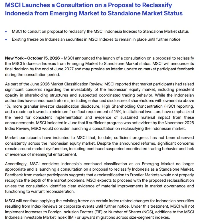 MSCI downgrade Indonesia, MSCI Indonesia, standalone market, dampak MSCI ke IHSG, konsultasi MSCI Indonesia, emerging market, arus dana asing, reklasifikasi MSCI, free float saham, risiko IHSG.