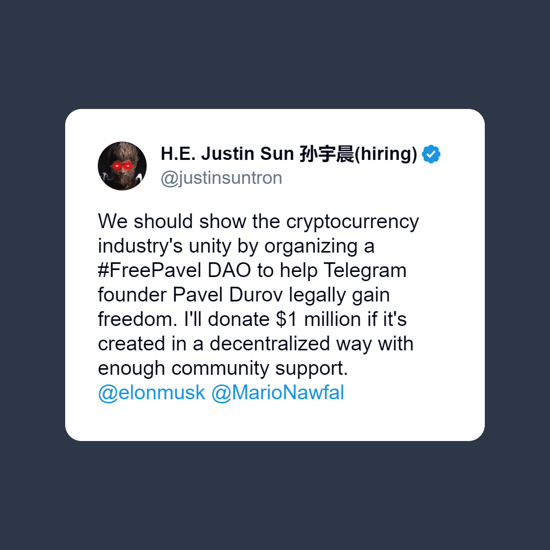 Justin Sun Dukung Pavel Durov 